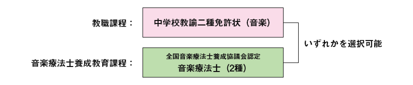 教職課程:中学校教諭二種免許状 / 音楽療法士養成教育課程:全国音楽療法士養成協議会認定音楽療法士(2種)いずれかを選択可能